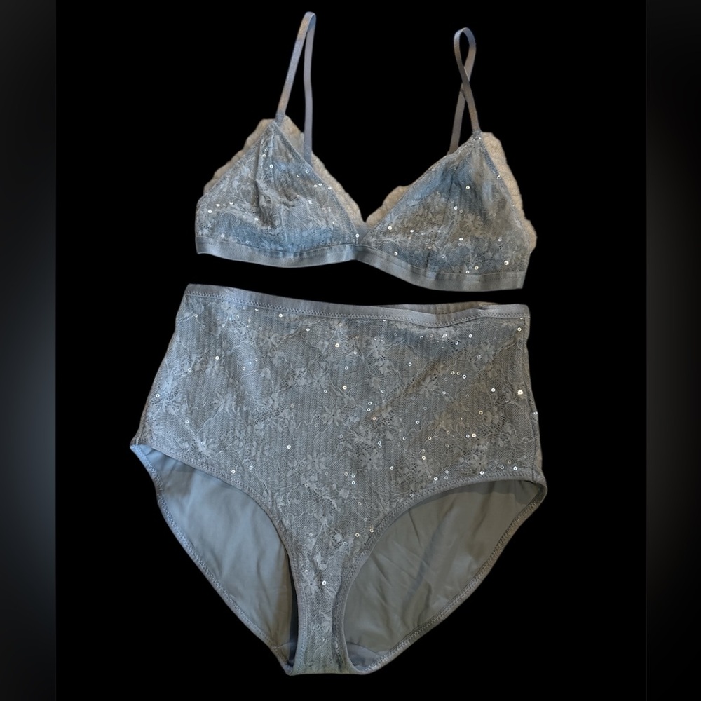 New baby blue Women's Intimate 2 Piece Set bra high waisted underwear sequins s